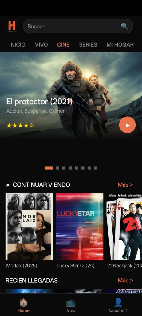 Inicio de HogarTV con destacado y accesos INICIO / VIVO / CINE / SERIES