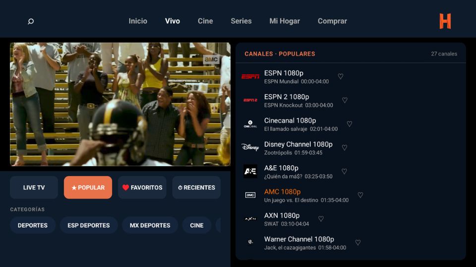 HogarTV en Android TV — canales de TV en vivo con ESPN, Disney, AMC, Warner