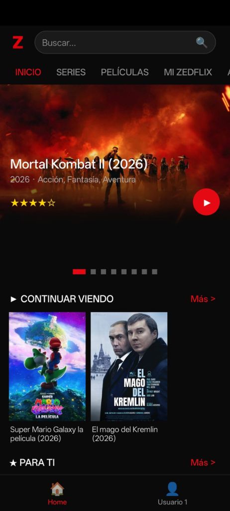 Pantalla inicio de ZedFlix con destacado de película