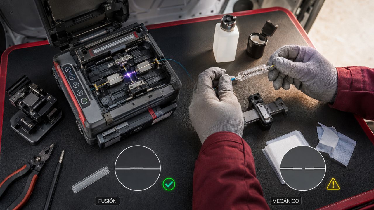 Técnico haciendo empalme de fibra